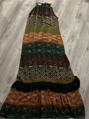 Bohemian Tiered Maxi Dress in Green and Mustard